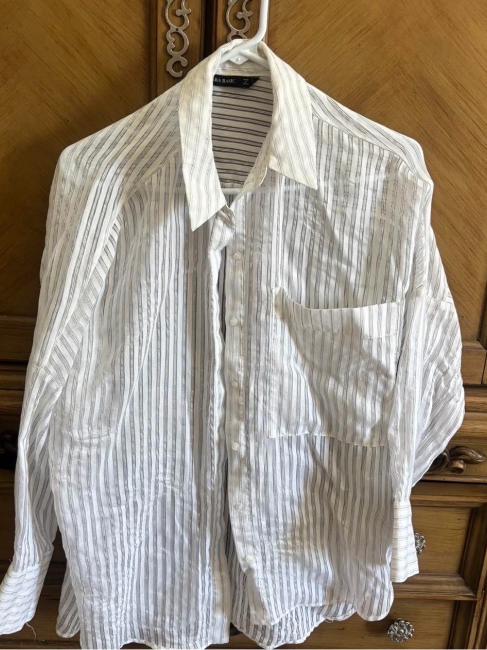 Zara White and Light Gray Striped Button-Down Shirt